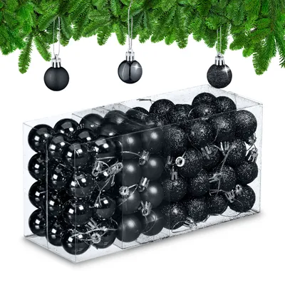 Produktbild von Relaxdays Weihnachtskugeln 96er Set, glitzernde, matte & glänzende Baumkugeln, Weihnachtsbaumdeko, Kunststoff, schwarz