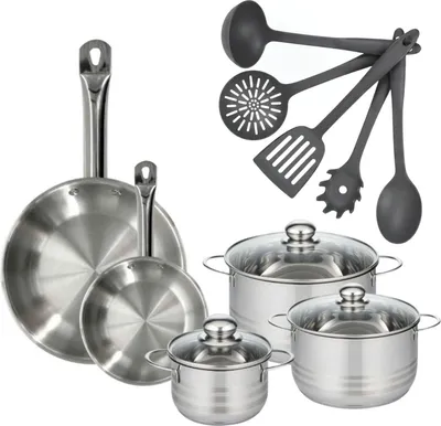 Image de Batterie de cuisine avec 2 poêles 20/28 cm et 2 faitouts 20/24 cm avec 1 ustensiles de cuisine Fackelmann Etherna