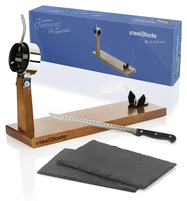 Schinkenhalter 360° drehbar, Holz + Messer 28 cm + 2 Schieferplatten