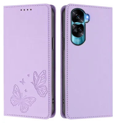 Obrázek produktu pro Kožené pouzdro pro Honor 90 Lite, motýlí ražbou, peněženkové flip pouzdro se stojánkem Světle fialová
