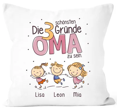 Produktbild von Kissen-Bezug Die schönsten Gründe Oma zu sein personalisiert mit Namen 1,2,3,4 Kinder Geschenk Enkel für Oma SpecialMe® Oma weiß 40cm x 40cm