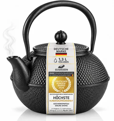 Produktbild von Dimono Asiatische Teekanne aus Gusseisen Schwarz | 1,3L Tee Set mit Stövchen, 2 Tassen & Sieb | Handgefertigt & Emaille-Beschichtung