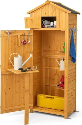 Imagen del producto de Armario de jardín de madera con mesa plegable y puerta, cobertizo resistente a la intemperie, caseta de herramientas con 8 ganchos, cobertizo de madera con techo a dos aguas, armario para herramientas, cobertizo de jardín