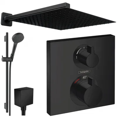 Produktbild von Hansgrohe und Jowi Unterputz Duschsystem Ecostat Square Thermostat, Schwarz, Duscharmatur mit Kopfbrause, 650mm Brausestange, OHNE iBox