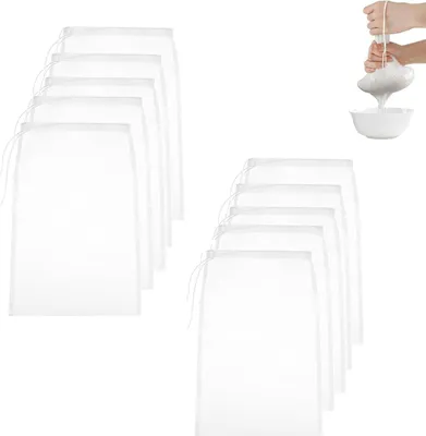 Produktbild von DEANKEJI Weißer Entsafterbeutel 10 Stück Nylonfilterbeutel mit Kordelzug, waschbar zum Filtern von Sojadrink, Milch, Saft, Gemüse