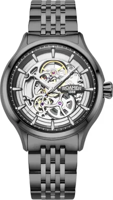 Produktbild von Herrenuhr ROAMER 101984 45 85 10 in klassischem Schwarz mit Skelett-Design.