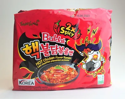 A package of Samyang Buldak 2x Spicy Hot Chicken Flavor Ramen.
