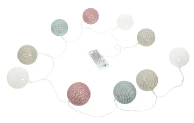 A string of decorative LED lights with spherical bulbs in various pastel colors.