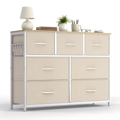 Produktbild von HOKEEPER Kommode, Chest of Drawers, 7 Schubladen aus Stoff mit Griffen, Komodenschrank Schlafzimmer mit Holzplatte, Sideboard Flur für Küche Büro