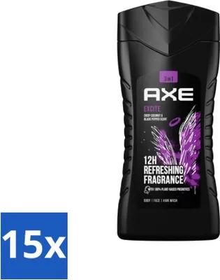 Obrázok produktu pre Axe - 3 v 1 sprchový gél - Excite - Sprchový gél - Svieži kokos a čierne korenie - 100 % rastlinný - 250 ml - Výhodné balenie - 15 kusov