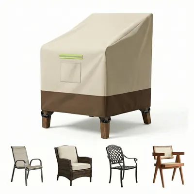 Image de (94 x 101 x 76 cm) Housse imperméable 600D pour chaise de jardin, housse de protection pour fauteuil d'extérieur avec cordon de serrage, fermeture à clic et aération, résistante aux déchirures, beige-marron