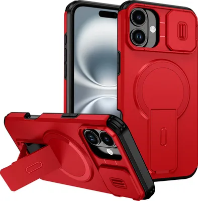 Immagine prodotto di Custodia magnetica per iPhone 16 Plus, custodia resistente a due strati con protezione scorrevole della fotocamera e supporto regolabile Rosso