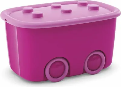 A pink and purple toy storage box with wheels and studs on the lid, designed to resemble building blocks.