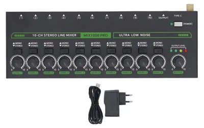 Produktbild von 10-Kanal-Mischpult mit RGB-Beleuchtung, rauscharmer Stereo-/Mono-Umschaltung, Line-Eingang, 1/4" TRS/TS-Anschlüssen, geeignet für Bühnenanwendungen, Aufnahme und Studiobetrieb, mit EU-Stecker