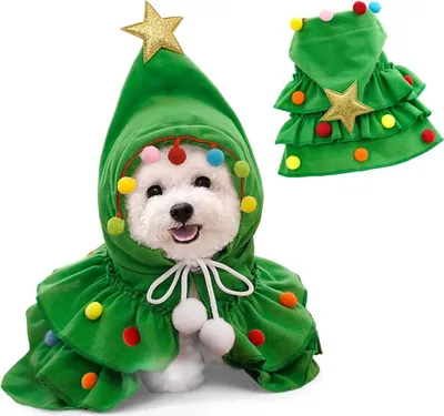 Produktbild von Weihnachtskostüm für Hunde, Weihnachtsoutfit für Hunde, Katzenumhang, Welpenkleidung, Weihnachtsumhang für Haustiere mit Stern und Pompom, Grün, L