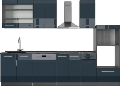 Produktbild von Küchenzeile Vicco Fame-Line Dunkelblau Hochglanz/Anthrazit 300 cm mit Hochschrank, ohne Arbeitsplatte, Model 49722
