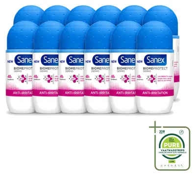 Immagine prodotto di 12 deodoranti roll-on Sanex BiomeProtect Dermo Anti-irritazione, 50 ml - confezione grande - 12 pezzi