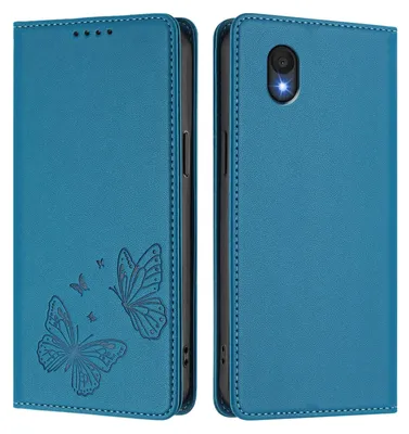 Produktbild von Lederhülle für TCL 201, Schmetterling Prägung Leder Brieftasche Schutzhülle mit Ständer Blau