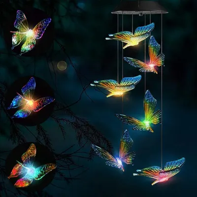 Solar-Windspiel mit 6 Schmetterlings-LEDs, 7 Farbwechsel, IP65