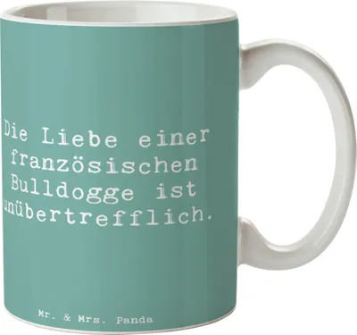 Produktbild von Mr. & Mrs. Panda Kaffeebecher Spruch Französische Bulldogge Liebe - Meeresbrise - Geschenk, Pott, Teetasse, schöne tasse, Hunderassen Eigenschaften, Hunderasse, Treue