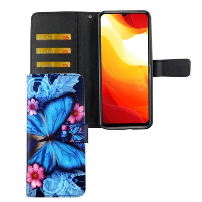 Productafbeelding van Xiaomi Mi 10 Lite 5G telefoonhoesje, beschermende hoes, flip case met kaarthouder, blauw met vlinderprint