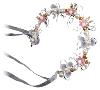 Produktbild von Haarreif mit floralem Schmetterlingsdesign, verstellbarem Band, Damenhaarreif im griechischen Bohème-Stil mit Kunstperlen und Zirkonia, ideal für Hochzeiten, Brautjungfern und als Feen-Haarreif.