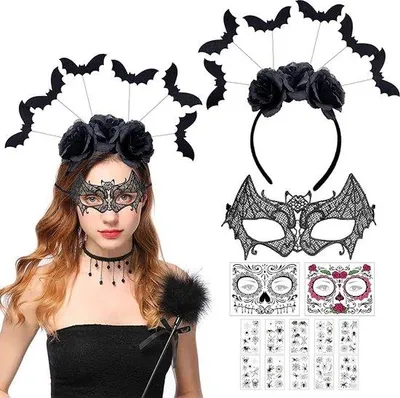 Produktbild von Fledermaus-Haarband mit Maske und Tattoos für Halloween