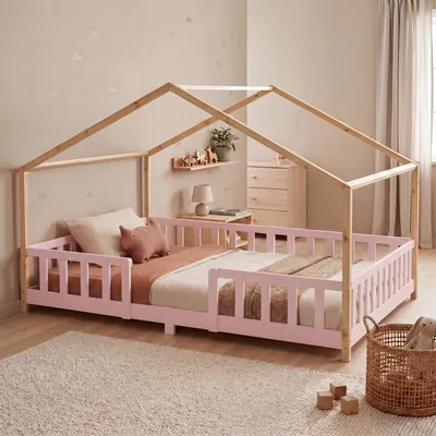 Produktbild von Kinderbett ’Treviolo‘ in Haus-Optik mit Rausfallschutz Kiefernholz 120 x 200 cm Rosa / Natur