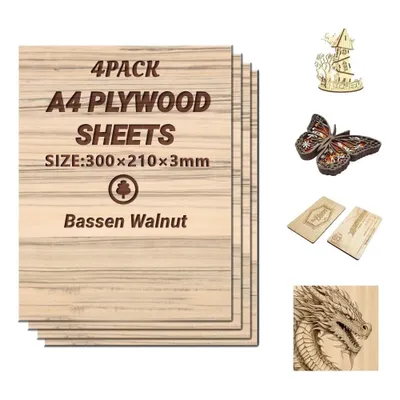 Produktbild von 4 x A4 Sperrholzplatte 3mm | Bassen Walnuss Holzplatte- Dünne holz-Zuschnitte| Perfektes Blatt für Laubsäge, Brandmalerei,Laserschnitt, CNC Router