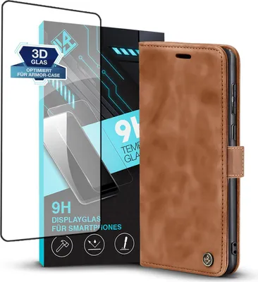 Produktbild von Handy Hülle für Samsung Galaxy S22 Ultra mit 9H Displayglas Klapphülle Bookcase Flip Cover Handy Tasche Etui Farbe: Hellbraun