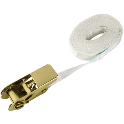 A white ratchet strap with a gold metal buckle on a white background.