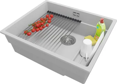 Produktbild von PRIMAGRAN Spülbecken Grau 56x47cm, Granitspüle 1 Becken + Ablauf-Set + Aufrollbare Abtropffläche, Küchenspüle ab 60er Unterschrank - Praga Slim