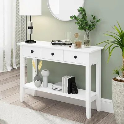Produktbild von weiß Konsolentisch, Flurtisch, Beistelltisch, Sofatisch mit 3 Schubladen für Eingangsbereich, Flur, Wohnzimmer, 100 x 34 x 71,5 cm