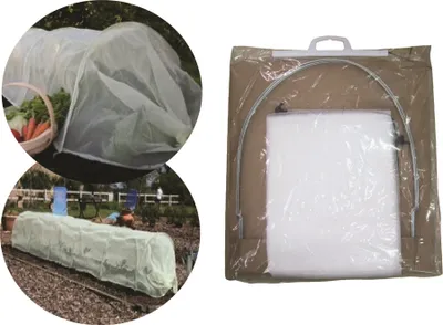 Collage showing a garden tunnel made of netting or fleece, both in use and packaged.