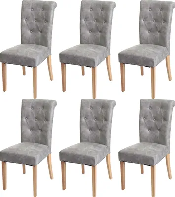 Immagine prodotto di Set di 6 sedie da pranzo imbottite | A x L x P 98 x 47 x 62 cm | Altezza seduta 42 cm | Rivetti | Tessuto | Gambe chiare | Grigio chiaro | Sedia Sedia da cucina
