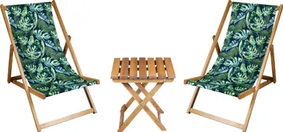 Two deck chairs and a small folding table are arranged on a white background.