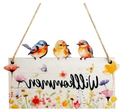 Produktbild von Willkommensschild Frühling, 12 x 20 cm, Gartendeko Türhänger, Hängendes Holzschild für Garten und Haustür