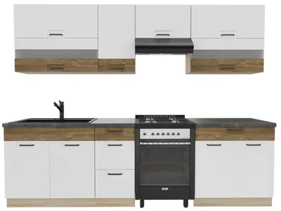 Productafbeelding van Keukenopstelling 270 cm - FAVORIT B PLUS - Wit hoogglans en Sonoma eikenhout - Werkblad donkerbruin - Inbouwkeuken met metalen lades - Keuken voor één persoon