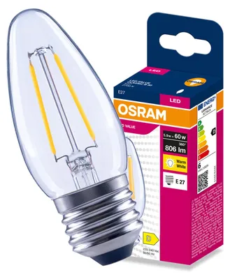 Immagine prodotto di Lampada LED E27, marca Œwieczka, modello B35, 5,9W (equivalente a 60W), 806 lumen, 4000K (luce neutra), angolo di illuminazione di 300°, tecnologia Filament, marca Osram, Immagine generata dall'IA