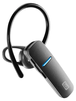 A black Bluetooth headset with a blue indicator light, shown against a white background.