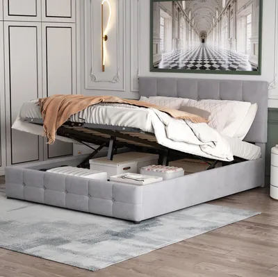 Obrázek produktu pro okwish čalouněná postel 140*200 manželská postel s hydraulicky zvedacím lůžkem úložný prostor, kovový lamelový rošt sametová látka mládežnická postel šedá