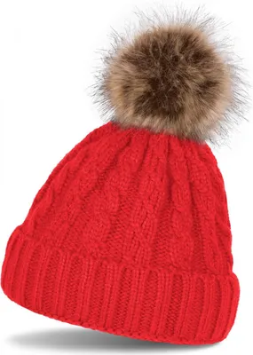 Produktbild von styleBREAKER Zopfmuster Bommelmütze, Strickmütze mit Fellbommel, Winter Beanie Mütze, Uni 04024064