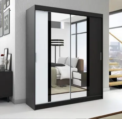 Produktbild von Schwebetürenschrank, 2-türig Schrank mit Spiegel, Kleiderschrank BRANI 180 Farbe: Schwarz / weiß / schwarz