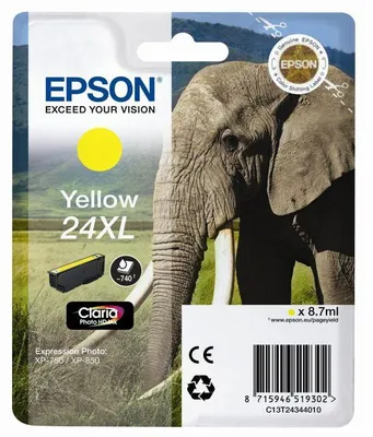 Obrázek produktu pro Epson Elephant Balíček s jedním inkoustem 24XL Slon Claria Photo HD Yellow, High (L) Yield, Žlutá, Inkoust na pigmentové bázi, 8,7 ml, 1 kusů, Balení po jednom