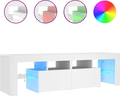 A white TV stand with LED lighting, shown with inset images demonstrating different color options.