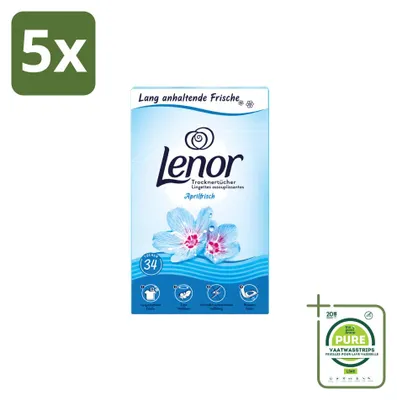 Productafbeelding van 5 pakken Lenor droogservetten "Aprilfrisch" - 34 stuks per pak - grootverpakking - 5 stuks
