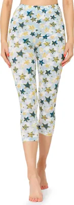 Image de Leggings capri 3/4 pour femme Merry Style à imprimé multicolore sur toute la surface MS10-411 (blanc/bleu avec étoiles dorées, XS)