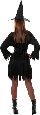A person wearing a black witch costume, viewed from the back.