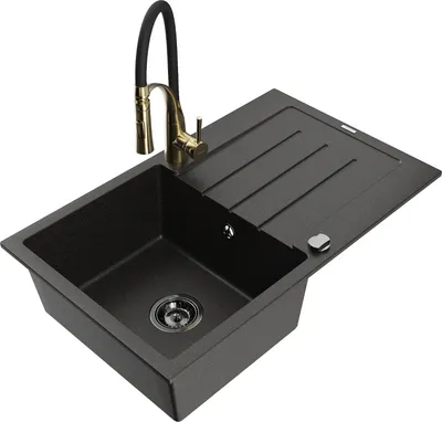 Produktbild von Mexen Bruno 1 Becken-Granitspüle mit Abtropffläche und Mischbatterie Aster, Schwarz/Gold metallisch - 6513-75-73450-57-B