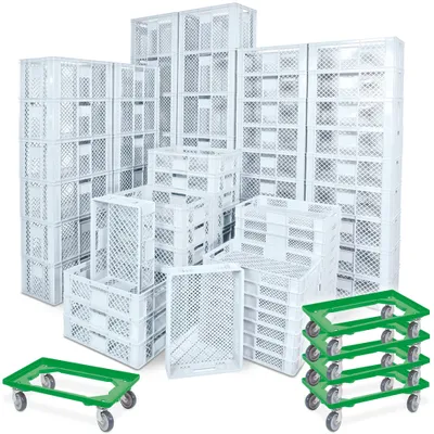 Produktbild von 78 Bäckerkisten in 5 Größen, 600x400 mm, H 90 mm - 410 mm, weiß + 5 Roller, grün